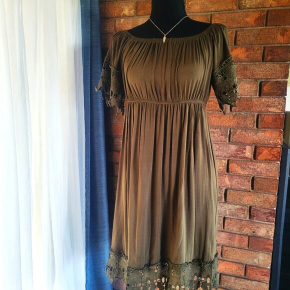 Haute Monde Lace Adorned Olive Boho Open Neck/Off Shoulder Dress - Size L - Picture 1 of 14